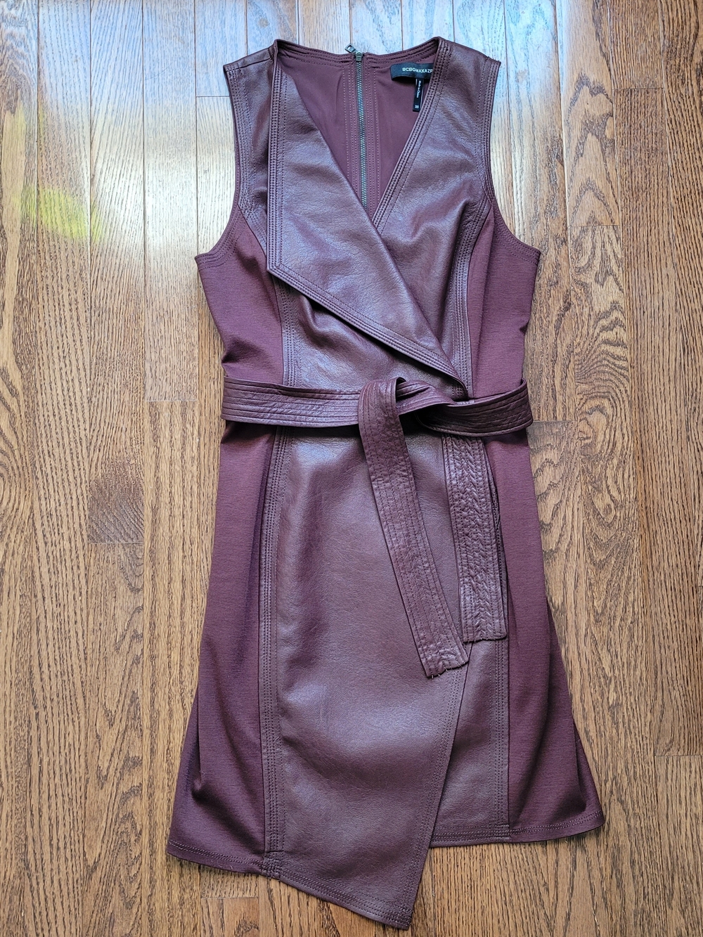 BCBGMaxAzria Burgundy Asymmetrical Faux Leather Belted Dress